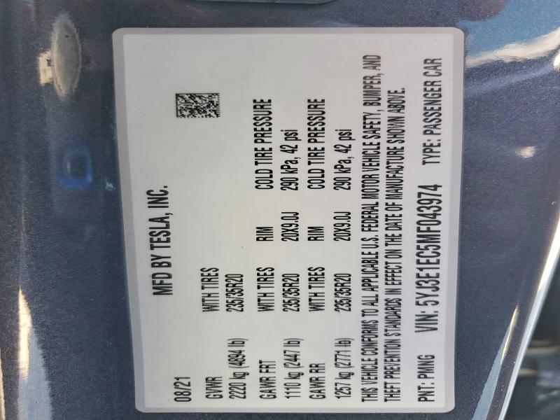Продаж на аукціоні авто 2021 Tesla Model 3, vin: 5YJ3E1EC5MF043974, номер лоту: 46441586