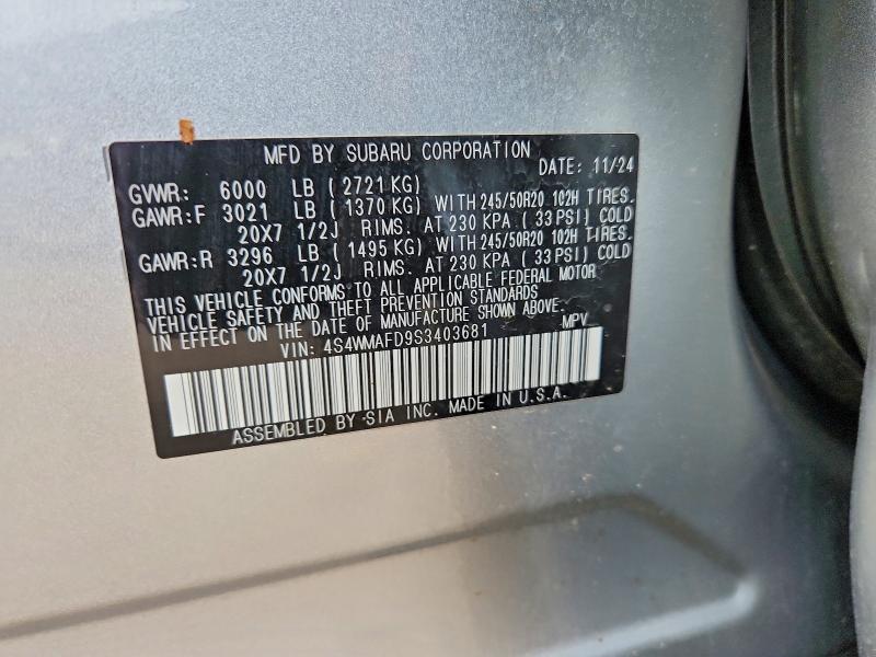 2025 Subaru Ascent მანქანა იყიდება აუქციონზე, vin: 4S4WMAFD9S3403681, აუქციონის ნომერი: 47178976