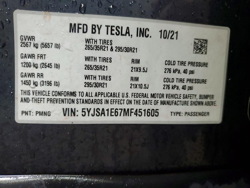 45499346 :رقم المزاد ، 5YJSA1E67MF451605 vin ، 2021 Tesla Model S مزاد بيع