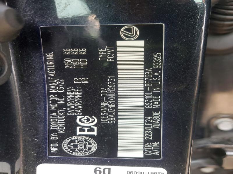 78677155 :رقم المزاد ، 58AJZ1B1XNU129731 vin ، 2022 Lexus Es مزاد بيع