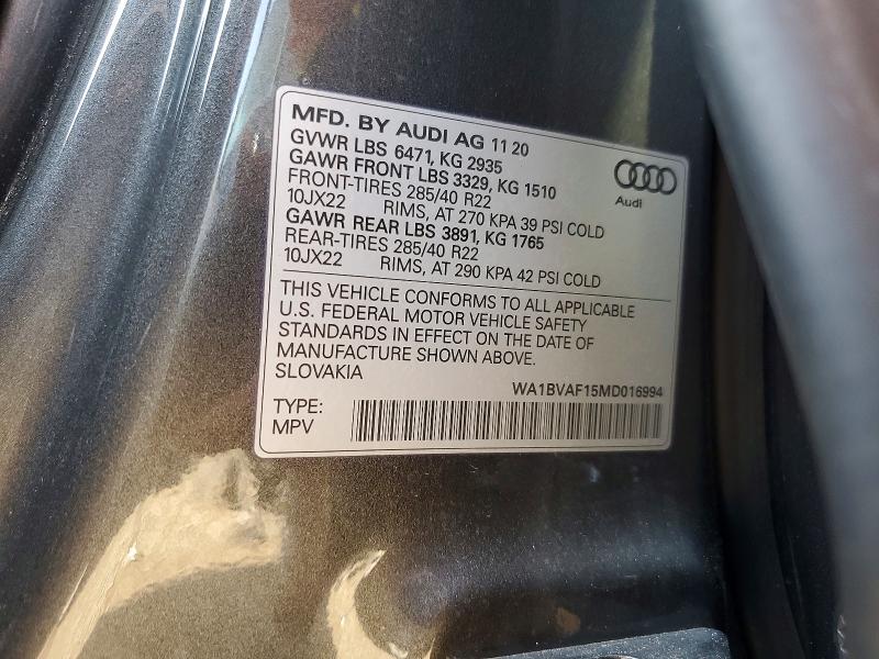 Продаж на аукціоні авто 2021 Audi Q8, vin: WA1BVAF15MD016994, номер лоту: 47288876