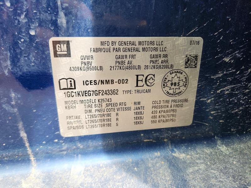 47785676 :رقم المزاد ، 1GC1KVEG7GF243362 vin ، 2016 Chevrolet Silverado مزاد بيع