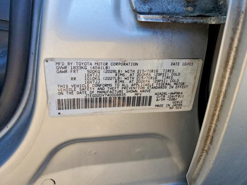 Продаж на аукціоні авто 2004 Toyota Rav4, vin: JTEGD20V740008835, номер лоту: 41641236