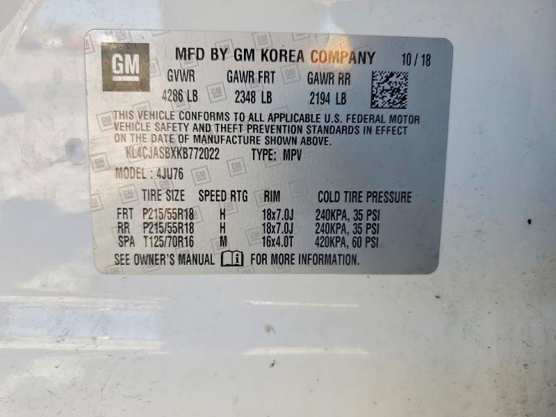 46860056 :رقم المزاد ، KL4CJASBXKB772022 vin ، 2019 Buick Encore مزاد بيع