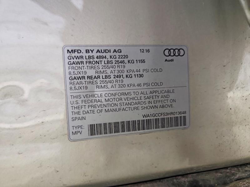 Продаж на аукціоні авто 2017 Audi Q3, vin: WA1GCCFS3HR013648, номер лоту: 47539486