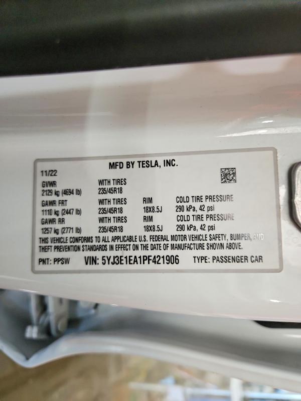 Продажа на аукционе авто 2023 Tesla Model 3, vin: 5YJ3E1EA1PF421906, номер лота: 46138176