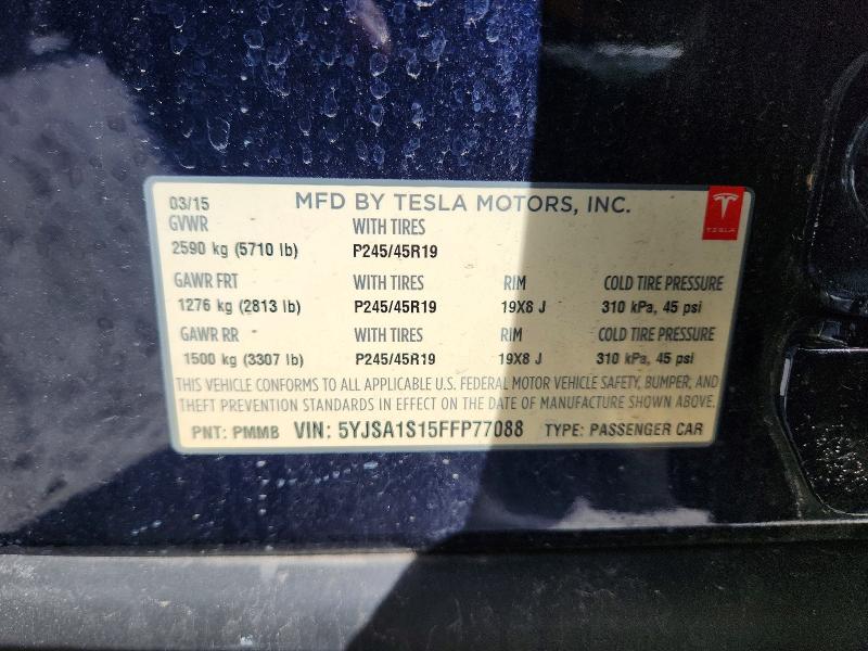 2015 Tesla Model S მანქანა იყიდება აუქციონზე, vin: 5YJSA1S15FFP77088, აუქციონის ნომერი: 78950005