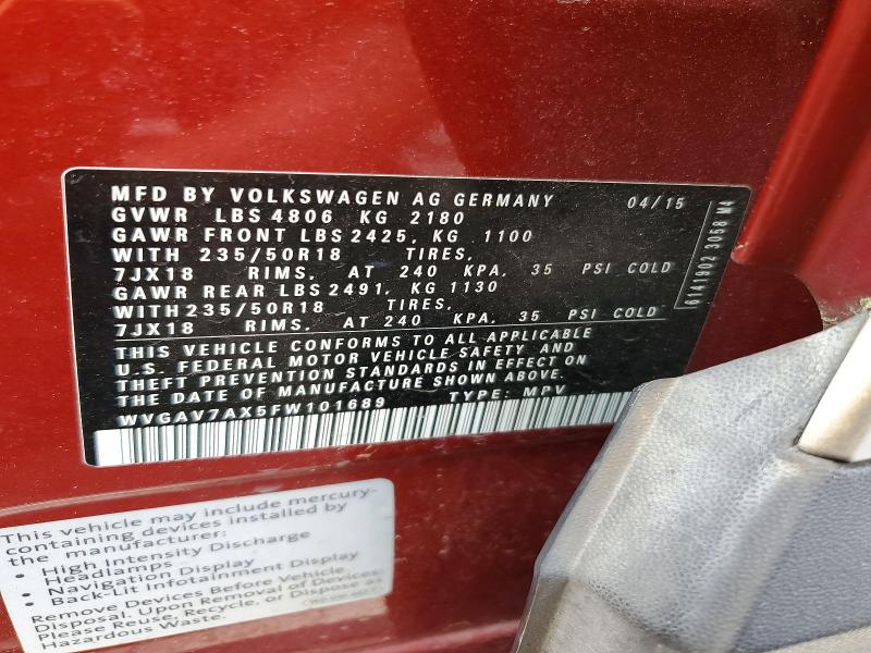 Aukcja sprzedaży 2015 Volkswagen Tiguan, vin: WVGAV7AX5FW101689, numer aukcji: 47332296