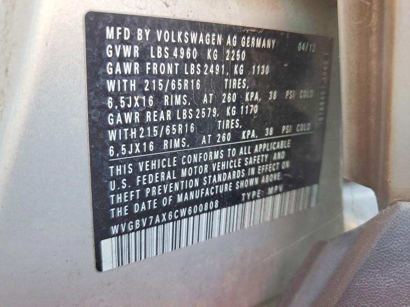 46070426 :رقم المزاد ، WVGBV7AX6CW600808 vin ، 2012 Volkswagen Tiguan مزاد بيع