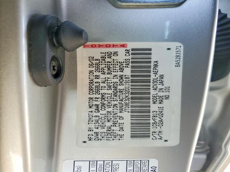 47092166 :رقم المزاد ، JTDBE32K320119187 vin ، 2002 Toyota Camry مزاد بيع