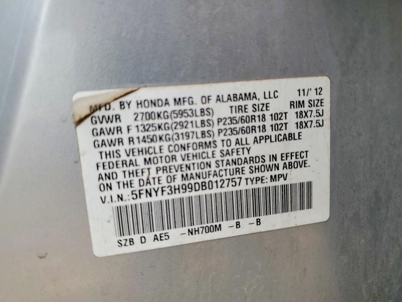 41791936 :رقم المزاد ، 5FNYF3H99DB012757 vin ، 2013 Honda Pilot مزاد بيع