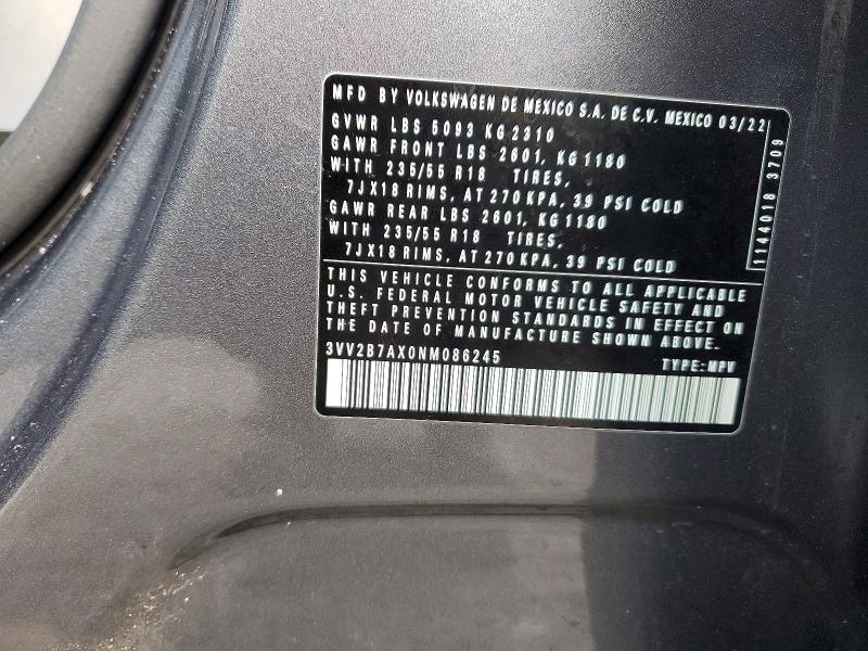 Продаж на аукціоні авто 2022 Volkswagen Tiguan, vin: 3VV2B7AX0NM086245, номер лоту: 79393165