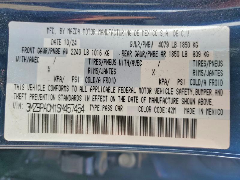45769536 :رقم المزاد ، 3MZBPACM1SM457454 vin ، 2025 Mazda 3 مزاد بيع