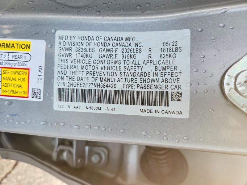 2022 Honda Civic მანქანა იყიდება აუქციონზე, vin: 2HGFE2F27NH584420, აუქციონის ნომერი: 79305755