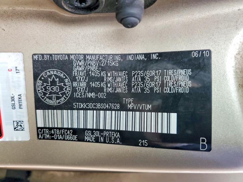 Aukcja sprzedaży 2011 Toyota Sienna, vin: 5TDKK3DC3BS047628, numer aukcji: 41754026