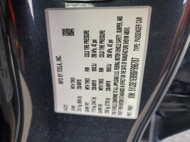 Aukcja sprzedaży 2025 Tesla Model 3, vin: 5YJ3E1EB9SF996787, numer aukcji: 47568116