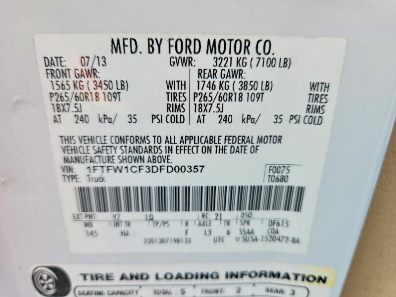 2013 Ford F150 მანქანა იყიდება აუქციონზე, vin: 1FTFW1CF3DFD00357, აუქციონის ნომერი: 79607765
