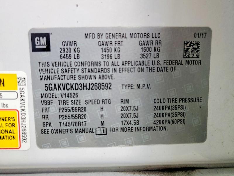 46920656 :رقم المزاد ، 5GAKVCKD3HJ268592 vin ، 2017 Buick Enclave مزاد بيع