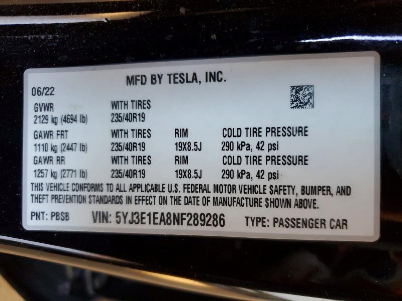 Продажа на аукционе авто 2022 Tesla Model 3, vin: 5YJ3E1EA8NF289286, номер лота: 46364386