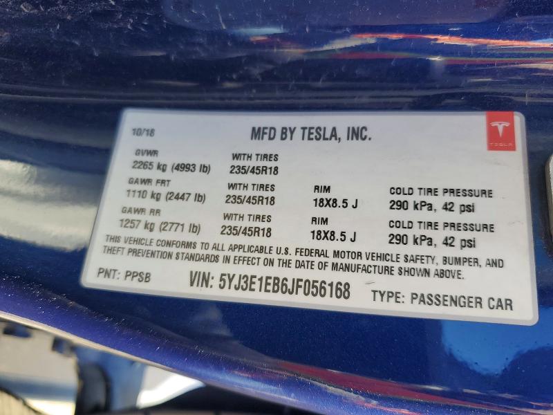 2018 Tesla Model 3 მანქანა იყიდება აუქციონზე, vin: 5YJ3E1EB6JF056168, აუქციონის ნომერი: 45495346