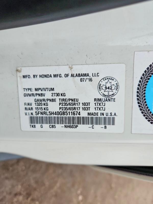 Aukcja sprzedaży 2016 Honda Odyssey, vin: 5FNRL5H40GB511674, numer aukcji: 46900766