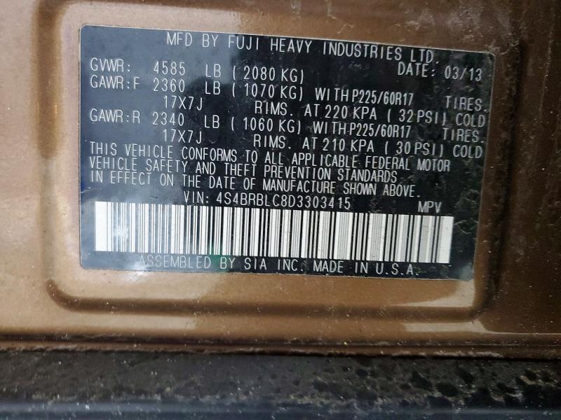 2013 Subaru Outback მანქანა იყიდება აუქციონზე, vin: 4S4BRBLC8D3303415, აუქციონის ნომერი: 45547616