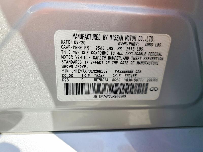47211326 :رقم المزاد ، JN1EV7AP0LM208309 vin ، 2020 Infiniti Q50 مزاد بيع