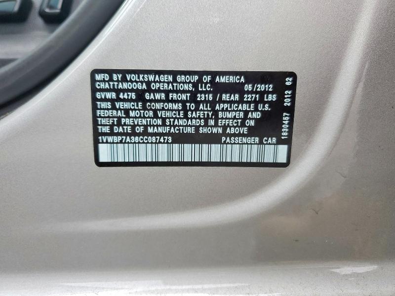 2012 Volkswagen Passat მანქანა იყიდება აუქციონზე, vin: 1VWBP7A36CC087473, აუქციონის ნომერი: 78224005