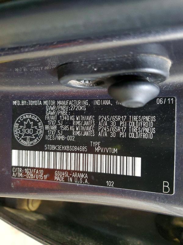 79127015 :رقم المزاد ، 5TDBK3EHXBS084685 vin ، 2011 Toyota Highlander مزاد بيع