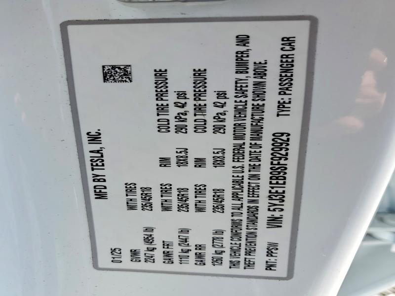 46472106 :رقم المزاد ، 5YJ3E1EB9SF929929 vin ، 2025 Tesla Model 3 مزاد بيع