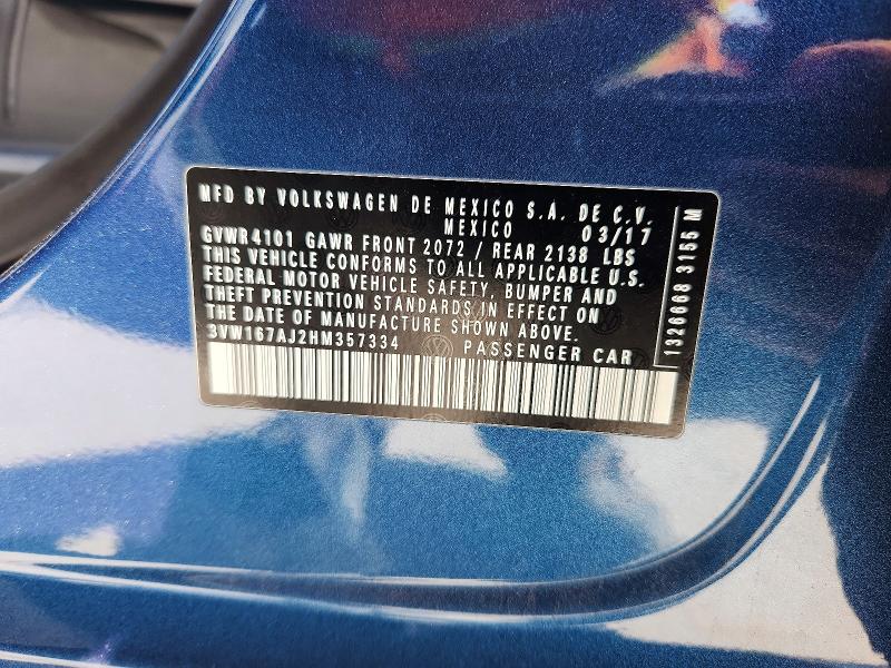 2017 Volkswagen Jetta მანქანა იყიდება აუქციონზე, vin: 3VW167AJ2HM357334, აუქციონის ნომერი: 46562356