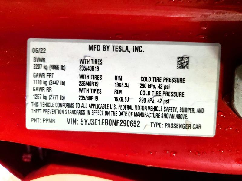 Продаж на аукціоні авто 2022 Tesla Model 3, vin: 5YJ3E1EB0NF290652, номер лоту: 46283666