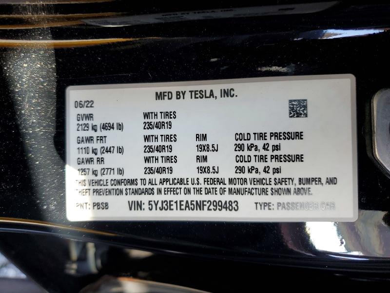 Продаж на аукціоні авто 2022 Tesla Model 3, vin: 5YJ3E1EA5NF299483, номер лоту: 45591856