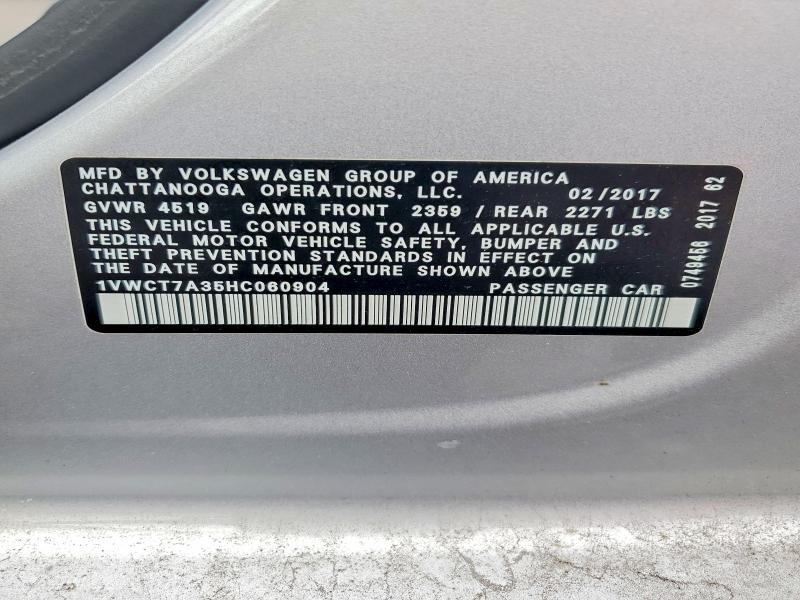 Продажа на аукционе авто 2017 Volkswagen Passat, vin: 1VWCT7A35HC060904, номер лота: 45454666