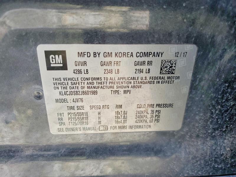 2018 Buick Encore მანქანა იყიდება აუქციონზე, vin: KL4CJDSB2JB601989, აუქციონის ნომერი: 47606006