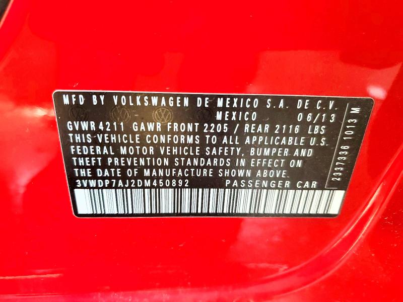47187826 :رقم المزاد ، 3VWDP7AJ2DM450892 vin ، 2013 Volkswagen Jetta مزاد بيع