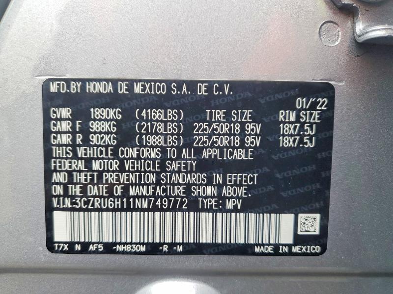 Aukcja sprzedaży 2022 Honda Hr-v, vin: 3CZRU6H11NM749772, numer aukcji: 41801466