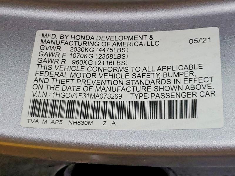 2021 Honda Accord მანქანა იყიდება აუქციონზე, vin: 1HGCV1F31MA073269, აუქციონის ნომერი: 79491895