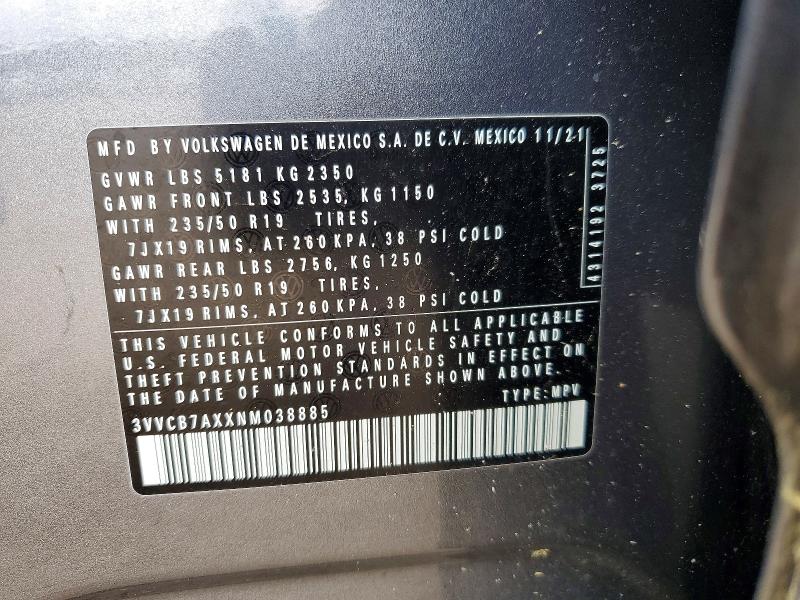 Aukcja sprzedaży 2022 Volkswagen Tiguan, vin: 3VVCB7AXXNM038885, numer aukcji: 48341136