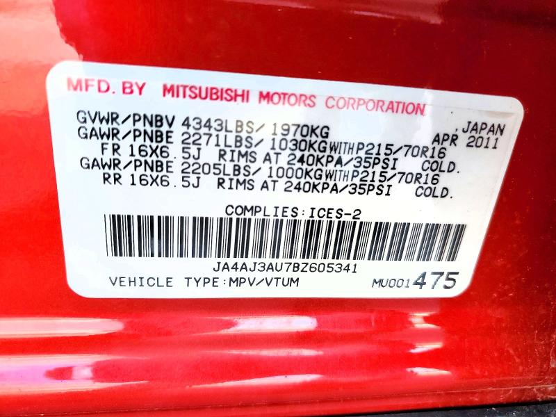 45780326 :رقم المزاد ، JA4AJ3AU7BZ605341 vin ، 2011 Mitsubishi Rvr مزاد بيع