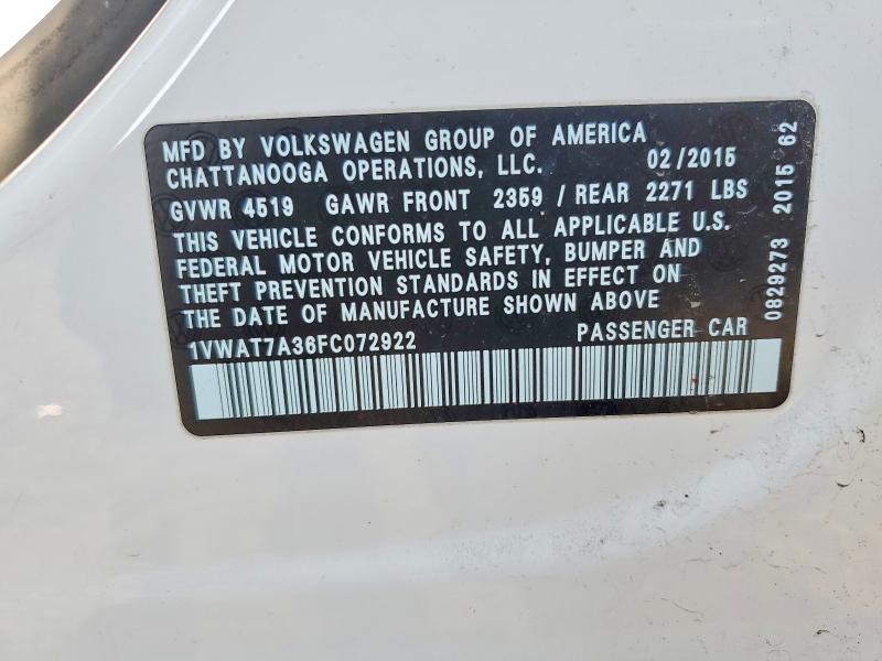 47020726 :رقم المزاد ، 1VWAT7A36FC072922 vin ، 2015 Volkswagen Passat مزاد بيع