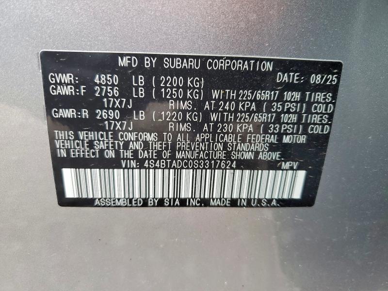 2025 Subaru Outback მანქანა იყიდება აუქციონზე, vin: 4S4BTADC0S3317624, აუქციონის ნომერი: 47906836