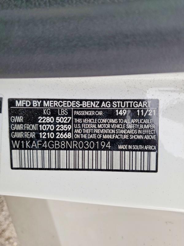 Продаж на аукціоні авто 2022 Mercedes-benz C, vin: W1KAF4GB8NR030194, номер лоту: 48166046