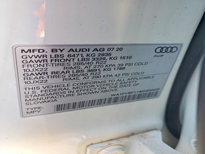 2021 Audi Q8 მანქანა იყიდება აუქციონზე, vin: WA1FVBF11MD000525, აუქციონის ნომერი: 79494885