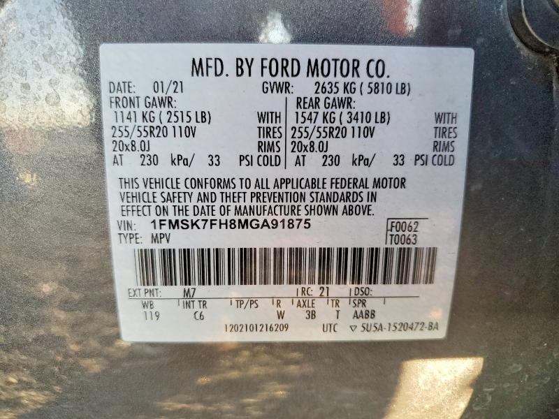 Aukcja sprzedaży 2021 Ford Explorer, vin: 1FMSK7FH8MGA91875, numer aukcji: 41902256