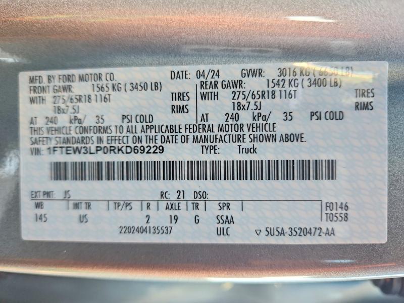 45813516 :رقم المزاد ، 1FTEW3LP0RKD69229 vin ، 2024 Ford F150 مزاد بيع
