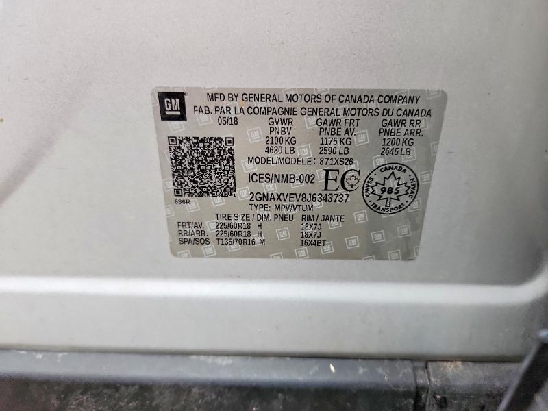 Aukcja sprzedaży 2018 Chevrolet Equinox, vin: 2GNAXVEV8J6343737, numer aukcji: 79824845