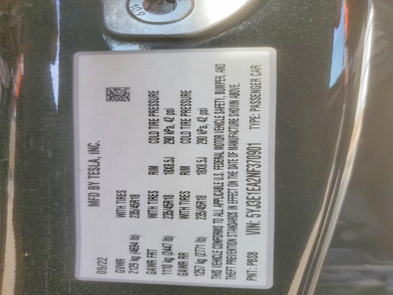 Aukcja sprzedaży 2022 Tesla Model 3, vin: 5YJ3E1EA2NF370901, numer aukcji: 47858756