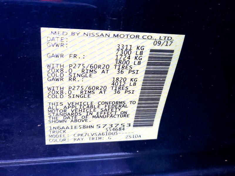 2017 Nissan Titan მანქანა იყიდება აუქციონზე, vin: 1N6AA1E58HN573753, აუქციონის ნომერი: 79353355