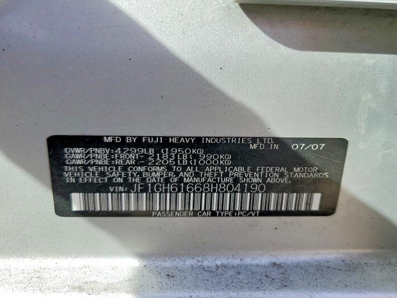47655366 :رقم المزاد ، JF1GH61668H804190 vin ، 2008 Subaru Impreza مزاد بيع